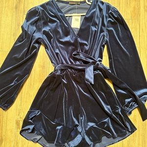 Velvet wrap tie romper in navy